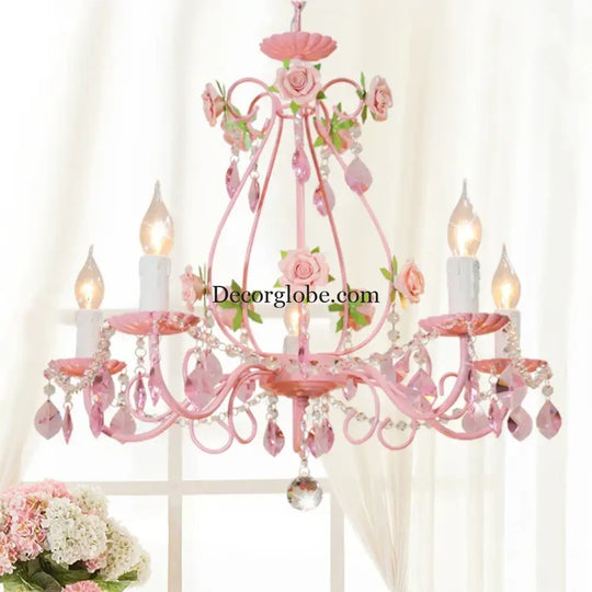 Contemporary Pink Ceiling Chandelier - E14 LED Lighting with Crystal, Iron, and Ceramic Accents - DecorGlobe