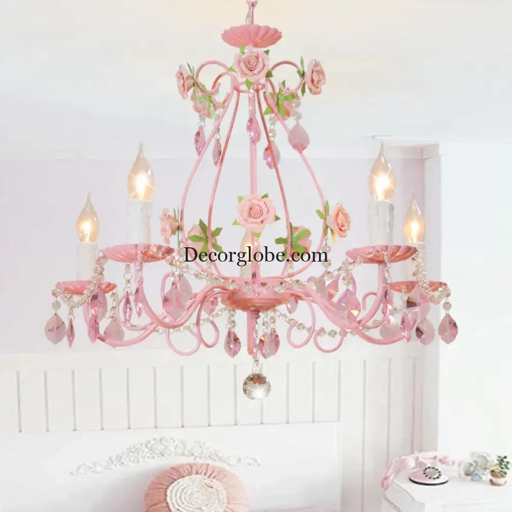 Contemporary Pink Ceiling Chandelier - E14 LED Lighting with Crystal, Iron, and Ceramic Accents - DecorGlobe