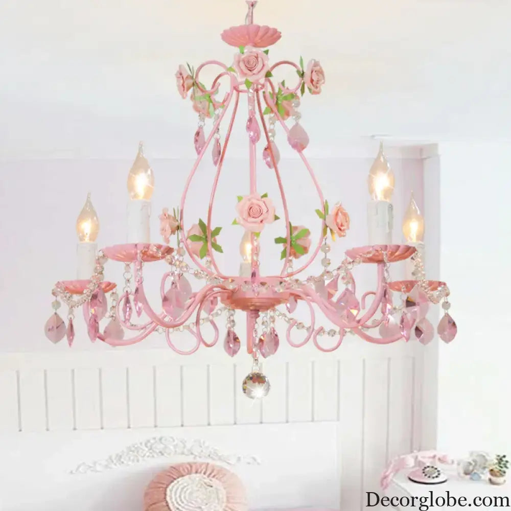 Contemporary Pink Ceiling Chandelier - E14 LED Lighting with Crystal, Iron, and Ceramic Accents - DecorGlobe