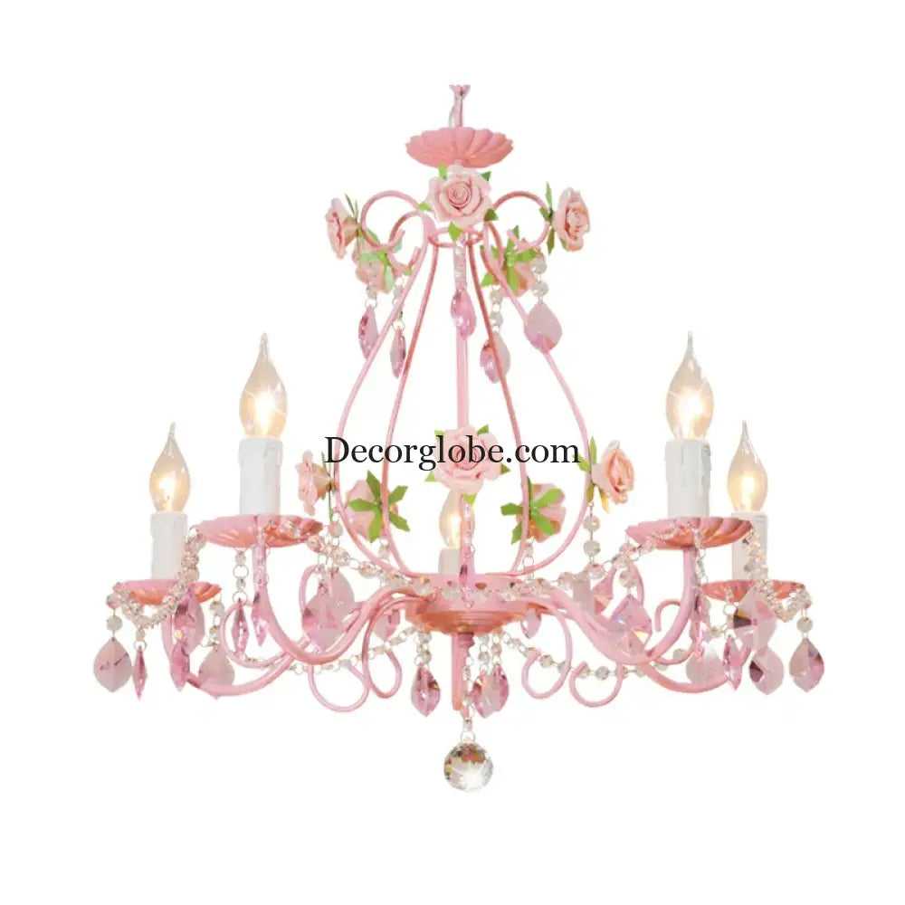 Contemporary Pink Ceiling Chandelier - E14 LED Lighting with Crystal, Iron, and Ceramic Accents - DecorGlobe