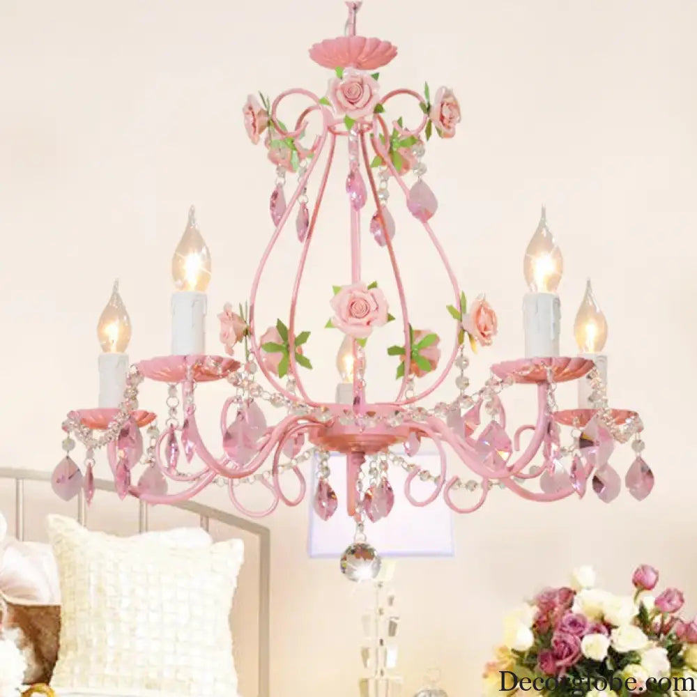 Contemporary Pink Ceiling Chandelier - E14 LED Lighting with Crystal, Iron, and Ceramic Accents - DecorGlobe