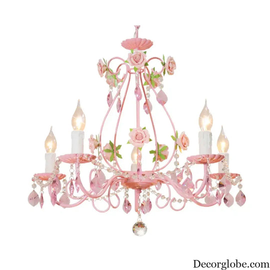 Contemporary Pink Ceiling Chandelier - E14 LED Lighting with Crystal, Iron, and Ceramic Accents - DecorGlobe