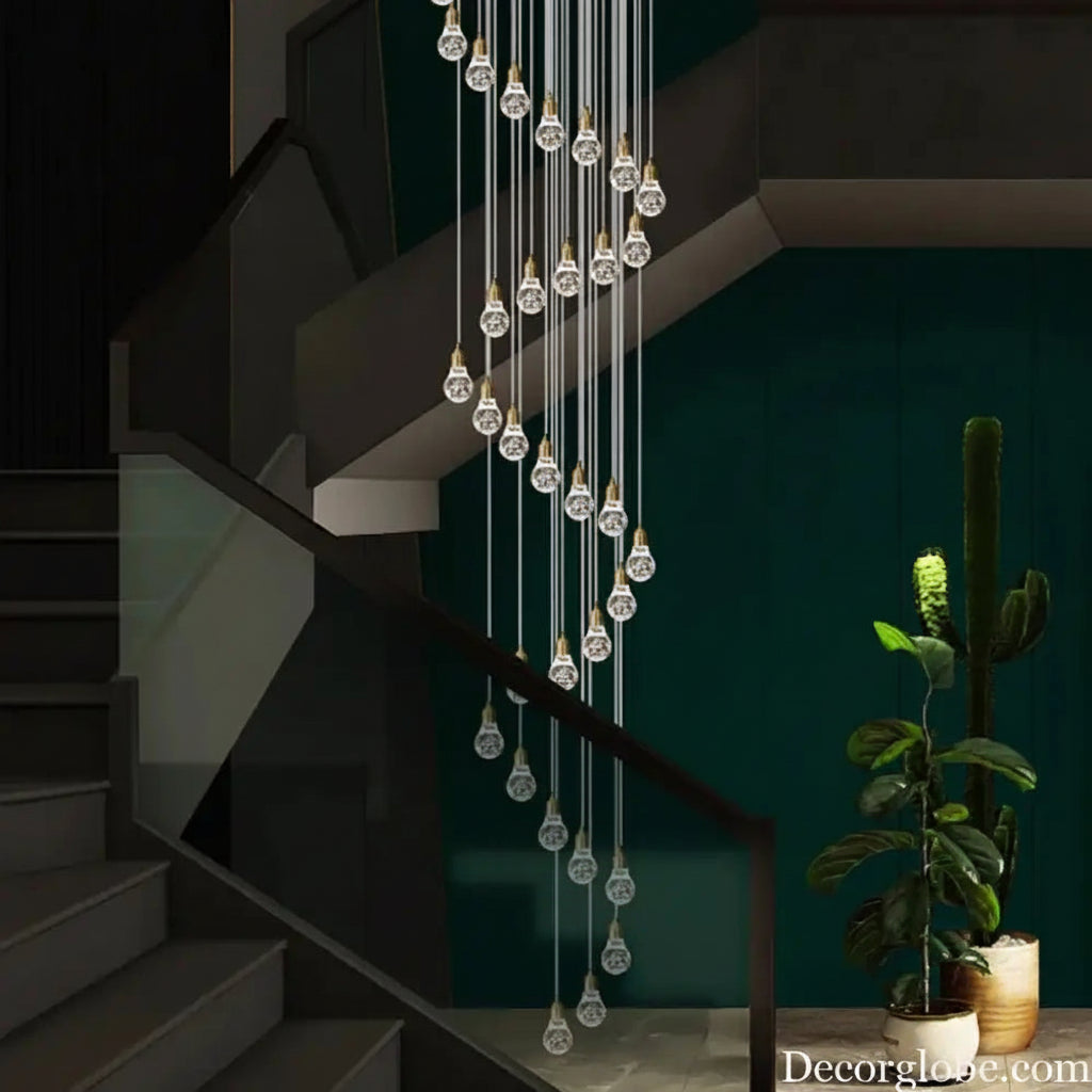Double-Flight Staircase Chandelier Luxurious Villa With Grand Loft-Style Rotating Open-Plan Living Room And Crystal