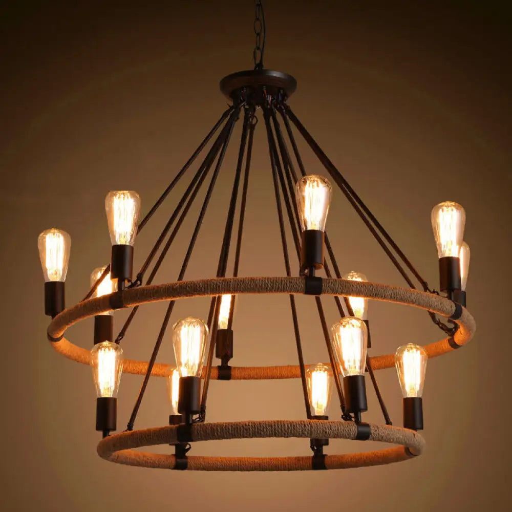 Country Hemp Rope Loop Chandelier - Hanging Ceiling Light Black Restaurant Lamp 14 / Black