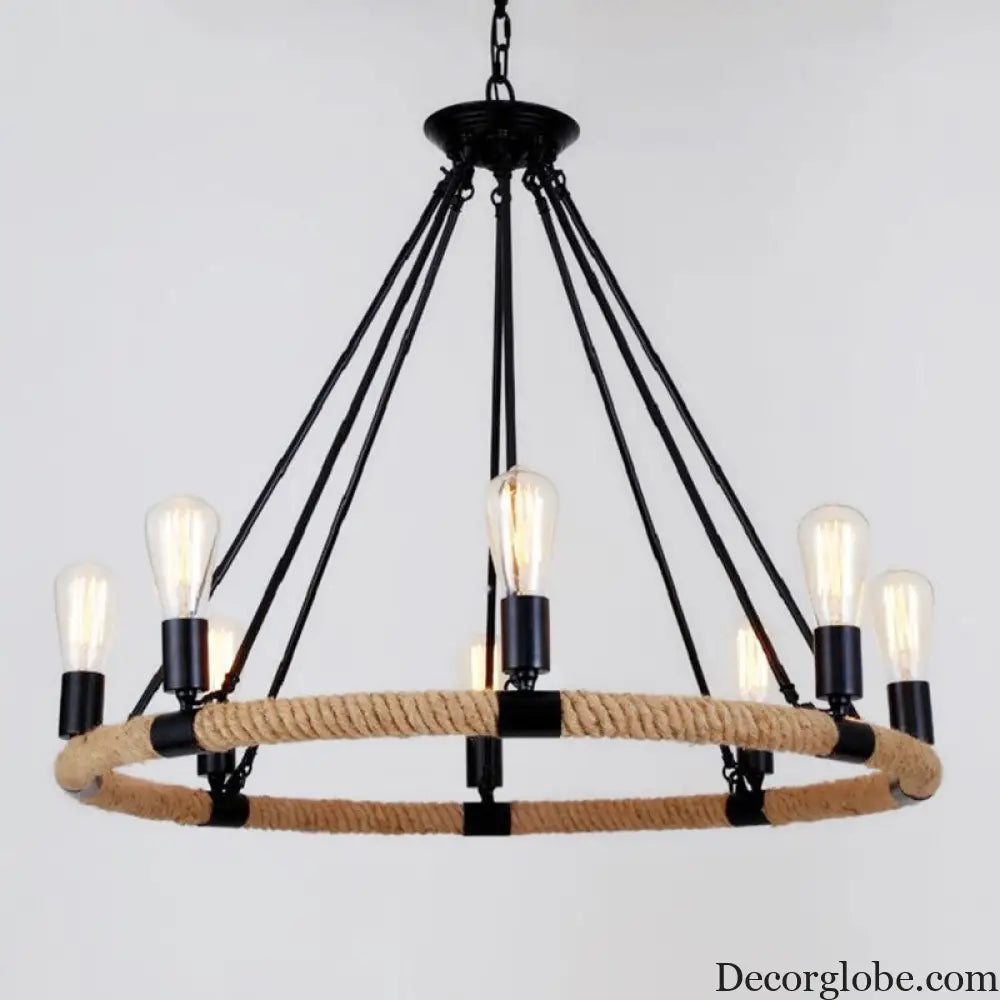 Country Hemp Rope Loop Chandelier - Hanging Ceiling Light Black Restaurant Lamp