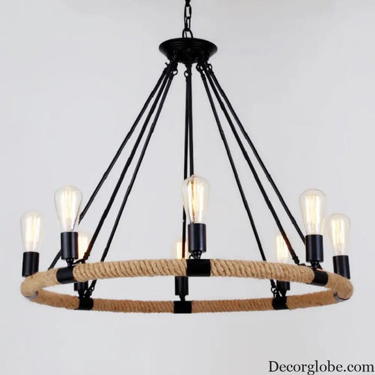 Country Hemp Rope Loop Chandelier - Hanging Ceiling Light Black Restaurant Lamp