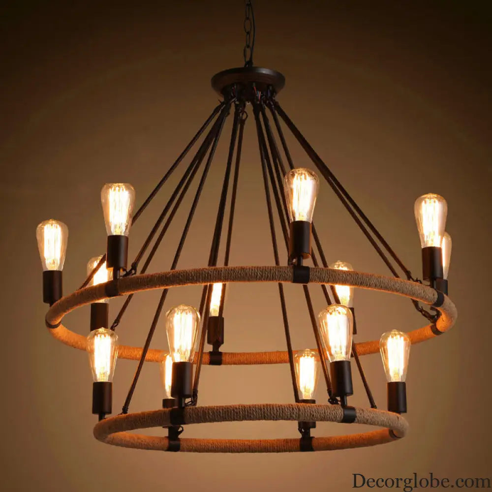 Country Hemp Rope Loop Chandelier - Hanging Ceiling Light Black Restaurant Lamp