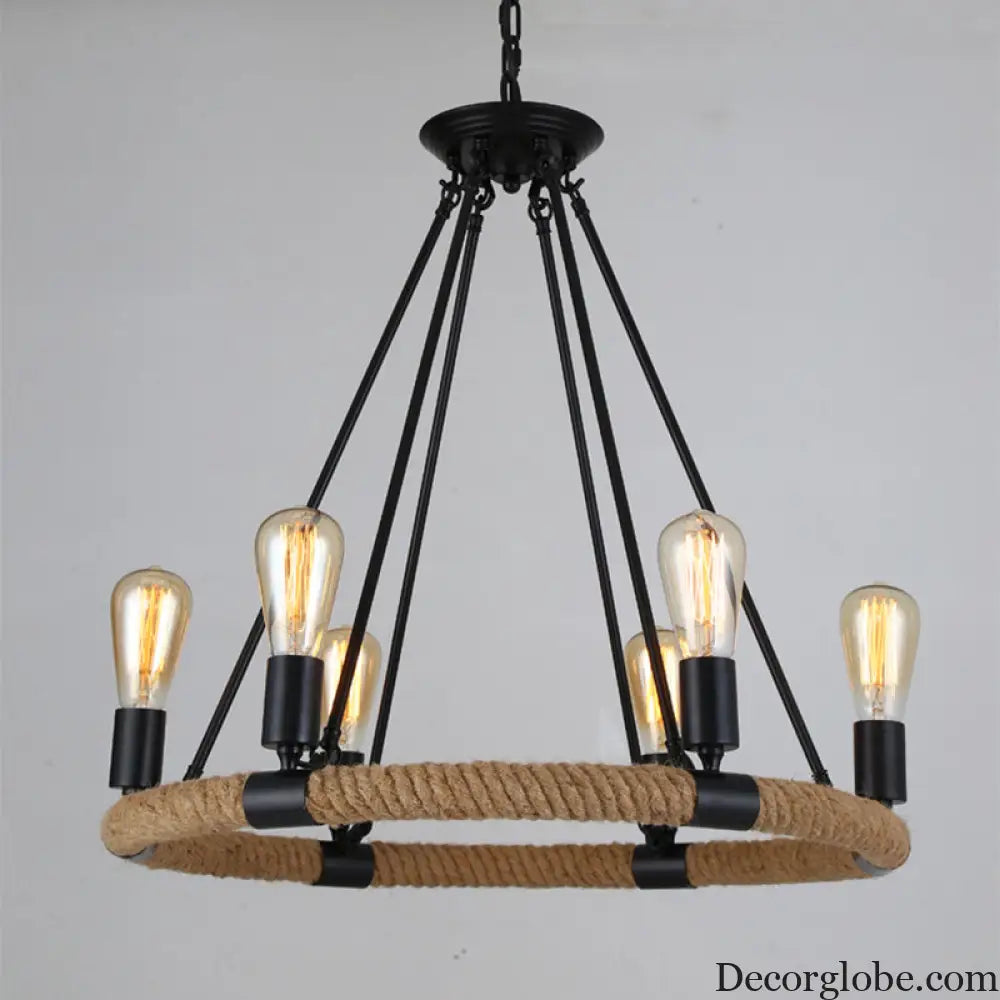 Country Hemp Rope Loop Chandelier - Hanging Ceiling Light Black Restaurant Lamp