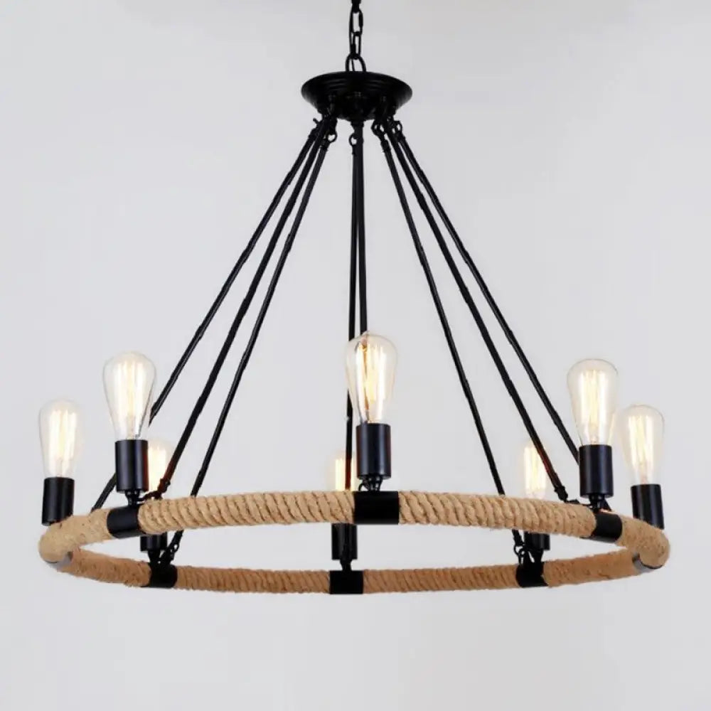 Country Hemp Rope Loop Chandelier - Hanging Ceiling Light Black Restaurant Lamp 8 / Black