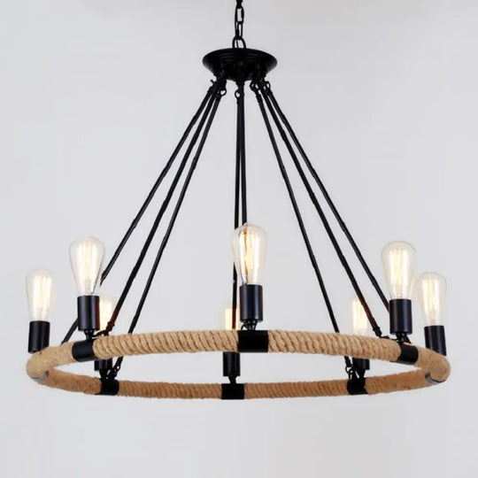 Country Hemp Rope Loop Chandelier - Hanging Ceiling Light Black Restaurant Lamp 8 / Black