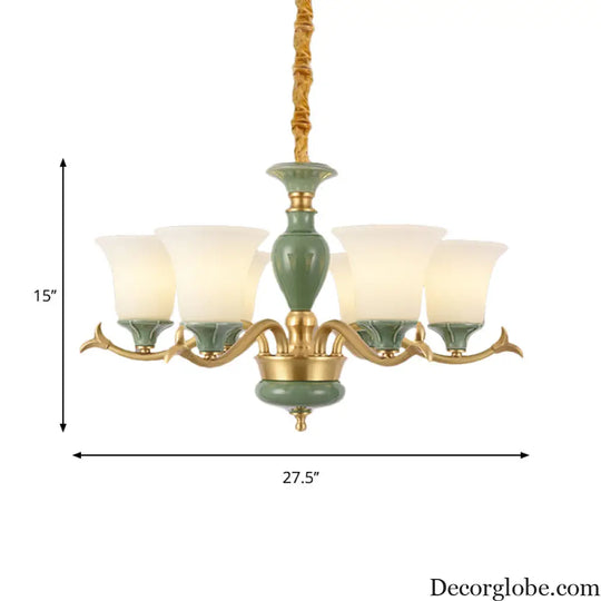 Frosted Glass Suspension Lighting - 3/6 Bulbs Countryside Green Chandelier for Guest Room