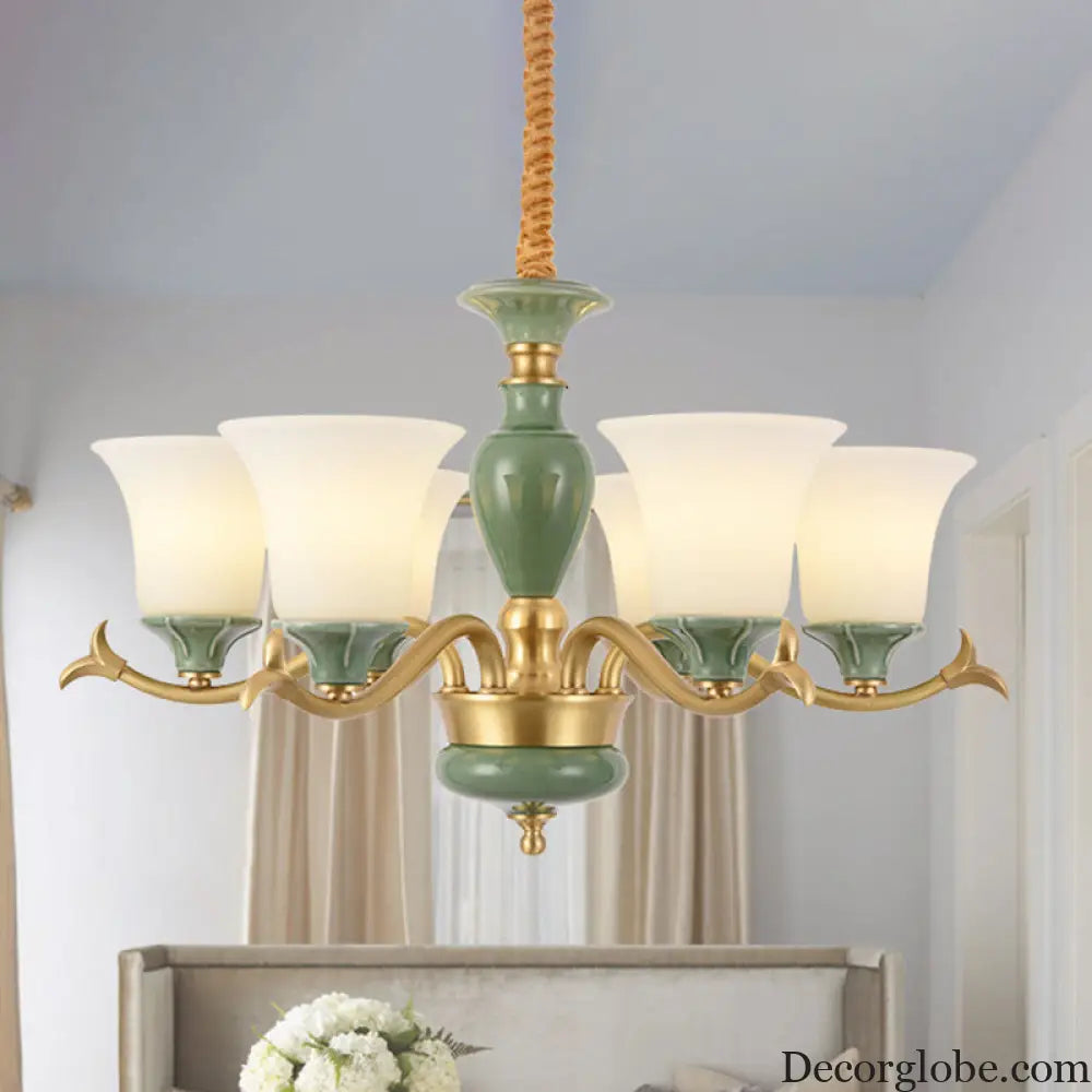 Frosted Glass Suspension Lighting - 3/6 Bulbs Countryside Green Chandelier for Guest Room