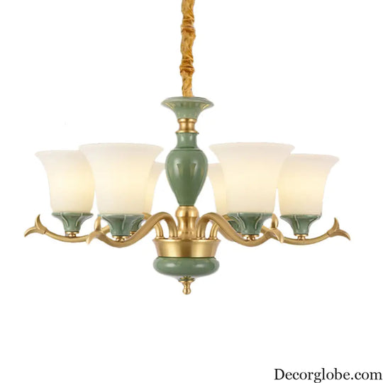 Frosted Glass Suspension Lighting - 3/6 Bulbs Countryside Green Chandelier for Guest Room