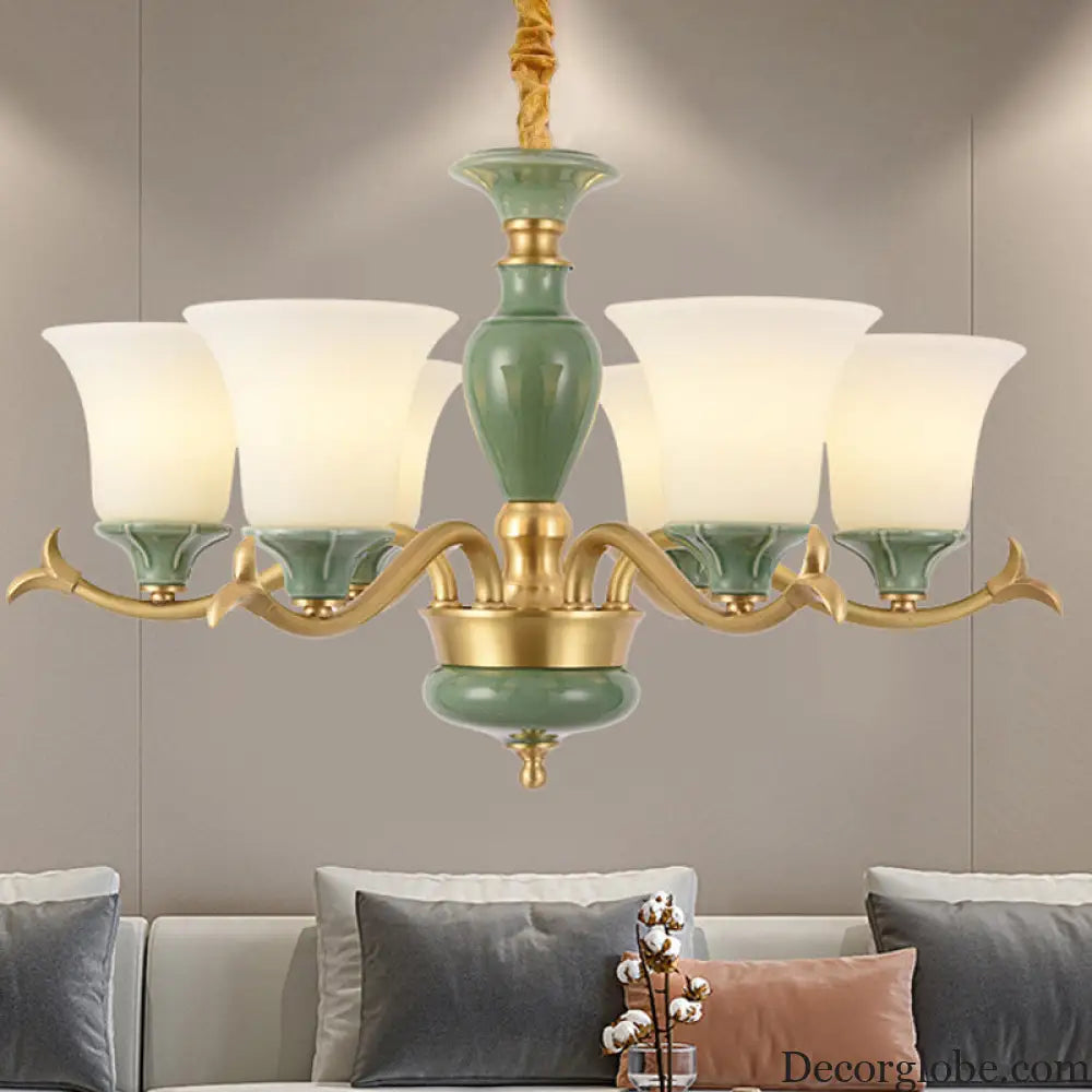 Frosted Glass Suspension Lighting - 3/6 Bulbs Countryside Green Chandelier for Guest Room
