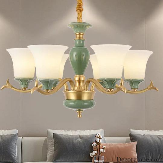Frosted Glass Suspension Lighting - 3/6 Bulbs Countryside Green Chandelier for Guest Room