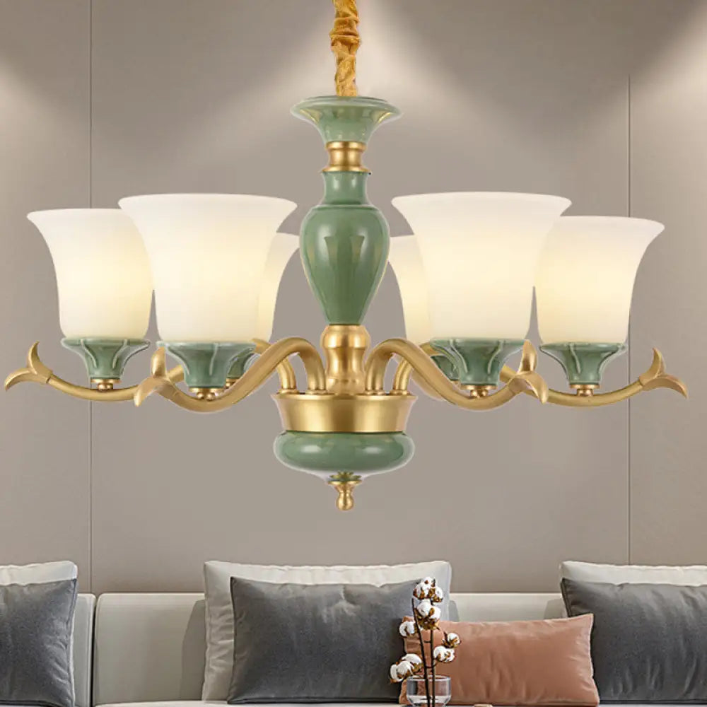 Frosted Glass Suspension Lighting - 3/6 Bulbs Countryside Green Chandelier for Guest Room 6 / Green