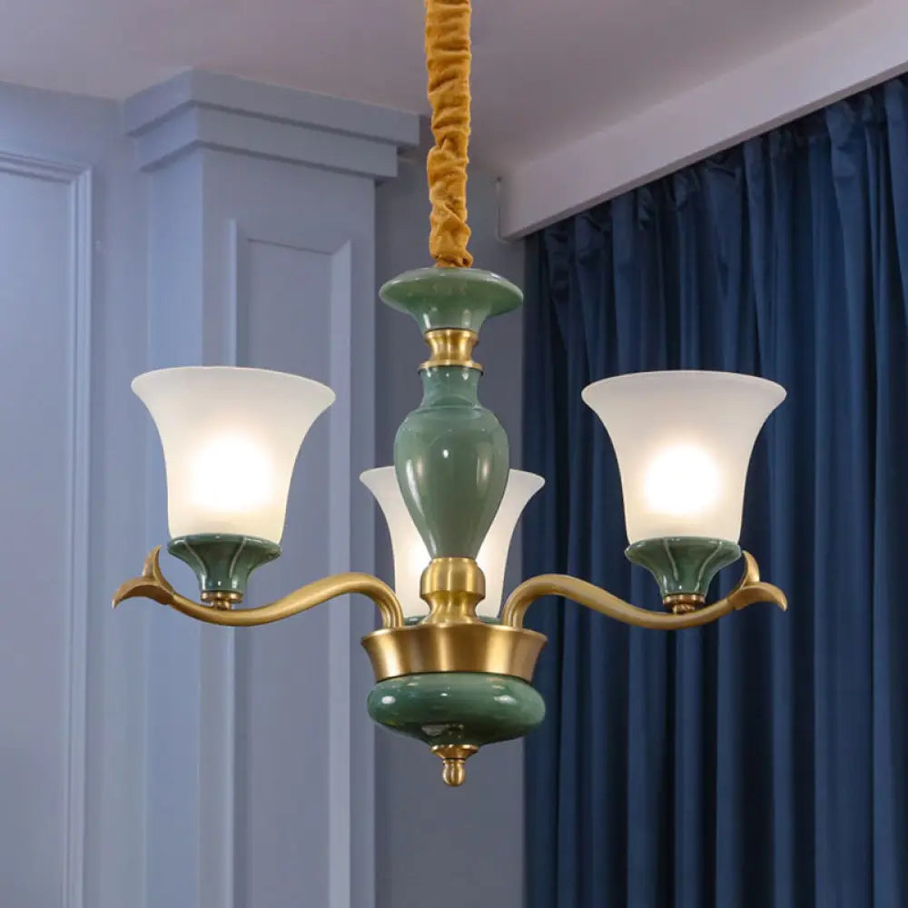 Frosted Glass Suspension Lighting - 3/6 Bulbs Countryside Green Chandelier for Guest Room 3 / Green