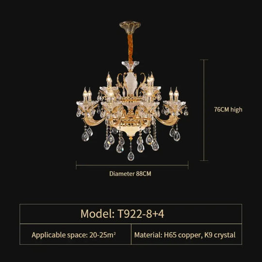 Crystal Candle Chandelier for Living Room and Dining Area 12 Heads D88CM / Cold White Chandelier