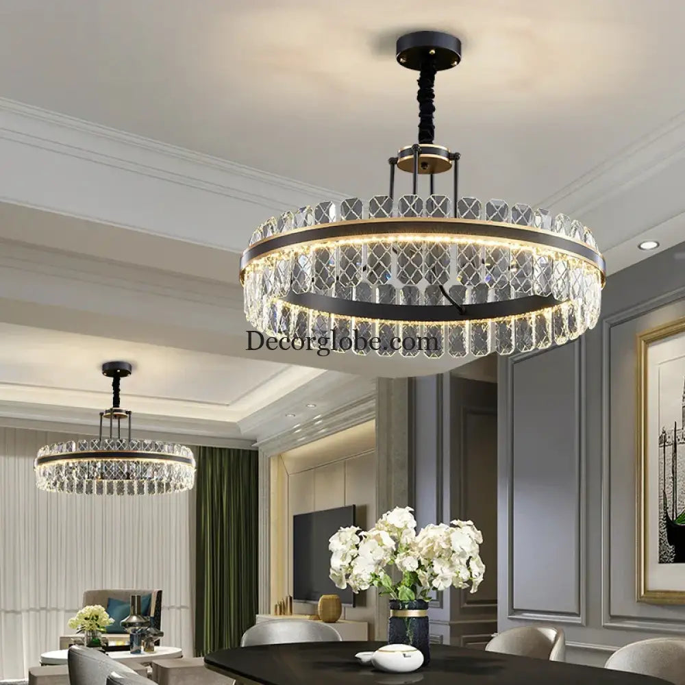 Crystal Chandelier - Modern Minimalist LED Black Leather Design for Living Rooms, Bedrooms, and Dining Spaces - DecorGlobe