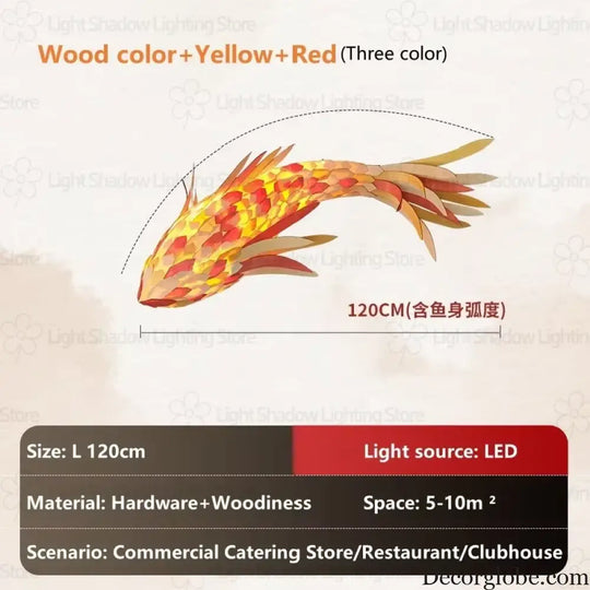 Decorative Fish Shaped Chandelier Pendant Light for Restaurant & Cafe Interiors | 120cm / Red color / white light