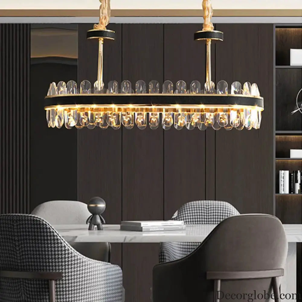 Dimmable LED Crystal Oval Ceiling Chandeliers - Black Leather Luxury Lustres for Dining Room Decor - DecorGlobe