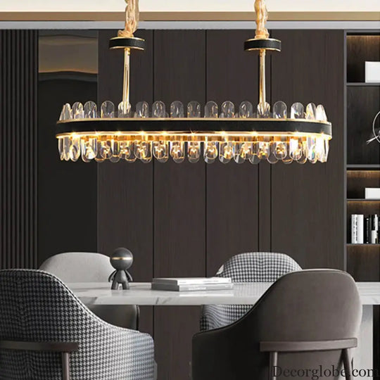Dimmable LED Crystal Oval Ceiling Chandeliers - Black Leather Luxury Lustres for Dining Room Decor - DecorGlobe