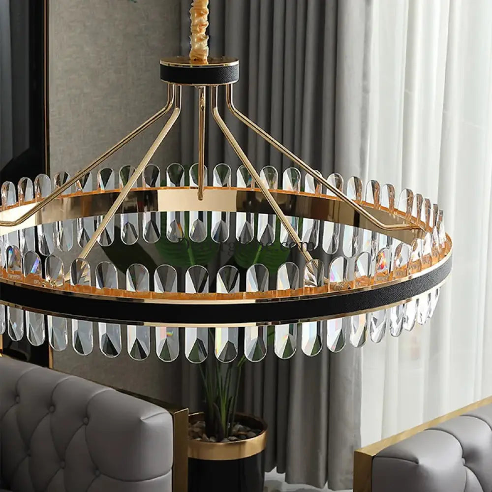 Dimmable LED Crystal Oval Ceiling Chandeliers - Black Leather Luxury Lustres for Dining Room Decor - DecorGlobe