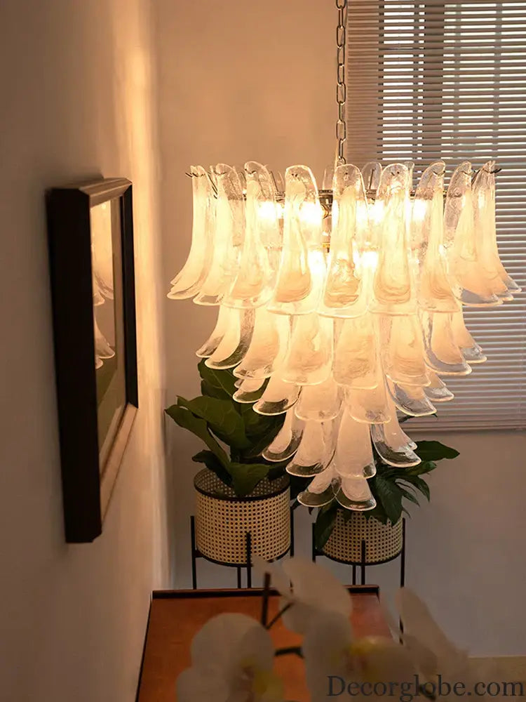 Elara White Petal Glass LED Chandelier for Staircase & Villa Décor - DecorGlobe