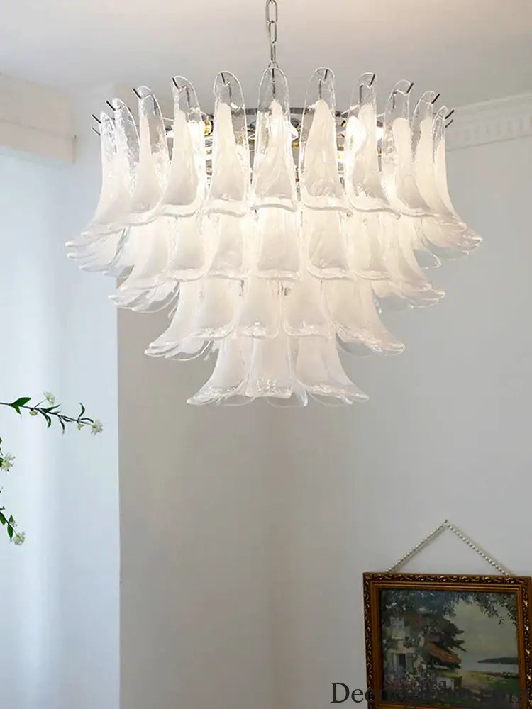 Elara White Petal Glass LED Chandelier for Staircase & Villa Décor - DecorGlobe