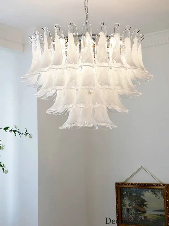 Elara White Petal Glass LED Chandelier for Staircase & Villa Décor - DecorGlobe