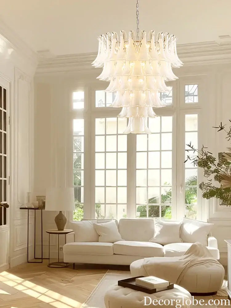 Elara White Petal Glass LED Chandelier for Staircase & Villa Décor - DecorGlobe