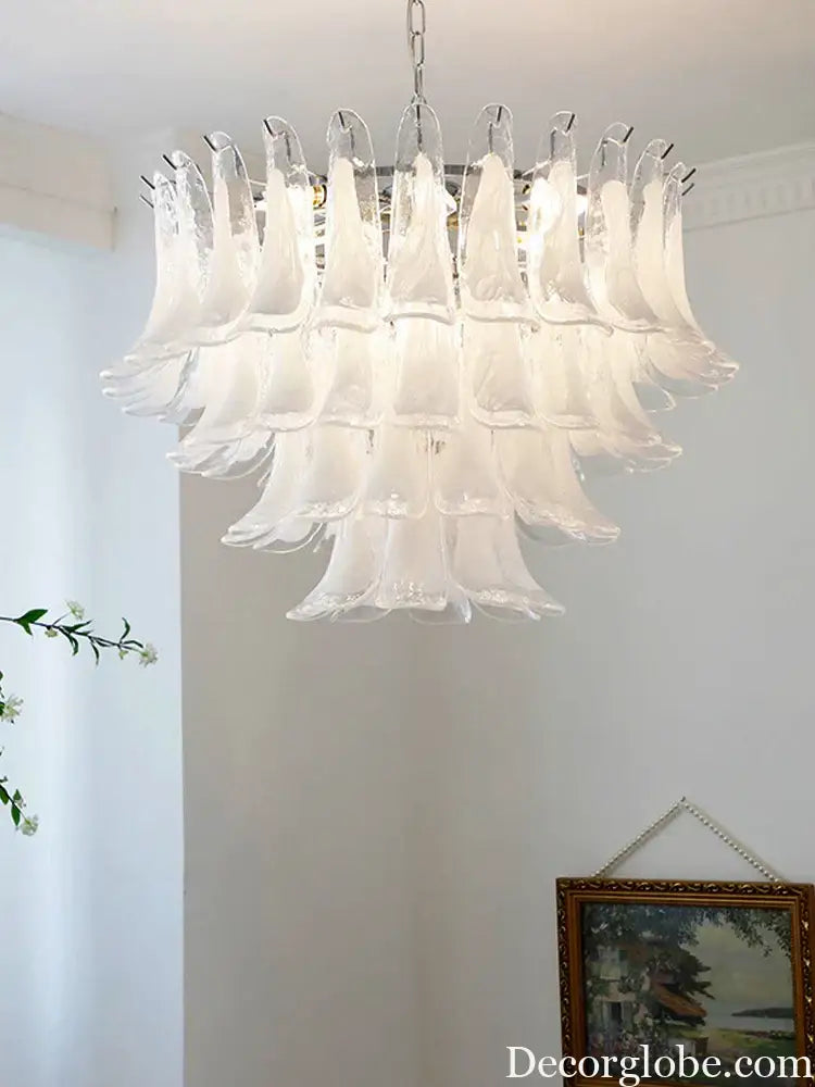 Elara White Petal Glass LED Chandelier for Staircase & Villa Décor - DecorGlobe