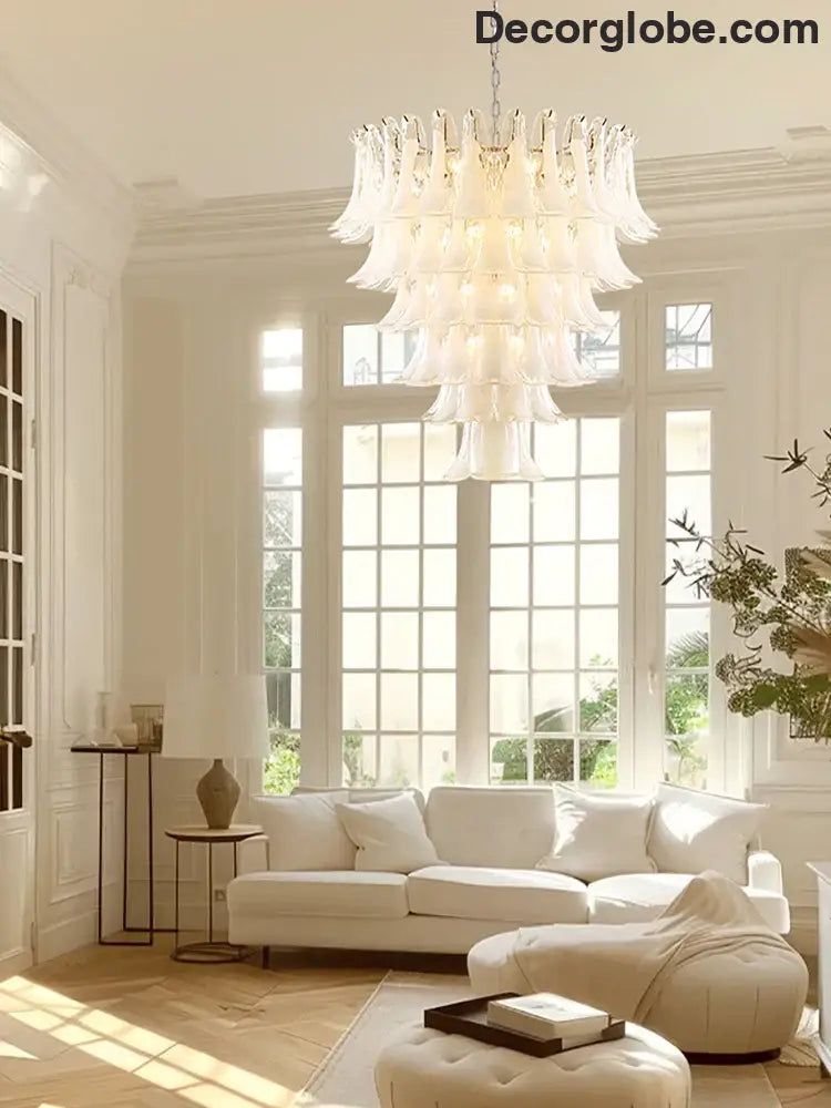 Elara White Petal Glass LED Chandelier for Staircase & Villa Décor - DecorGlobe