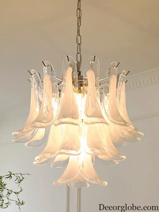 Elara White Petal Glass LED Chandelier for Staircase & Villa Décor - DecorGlobe