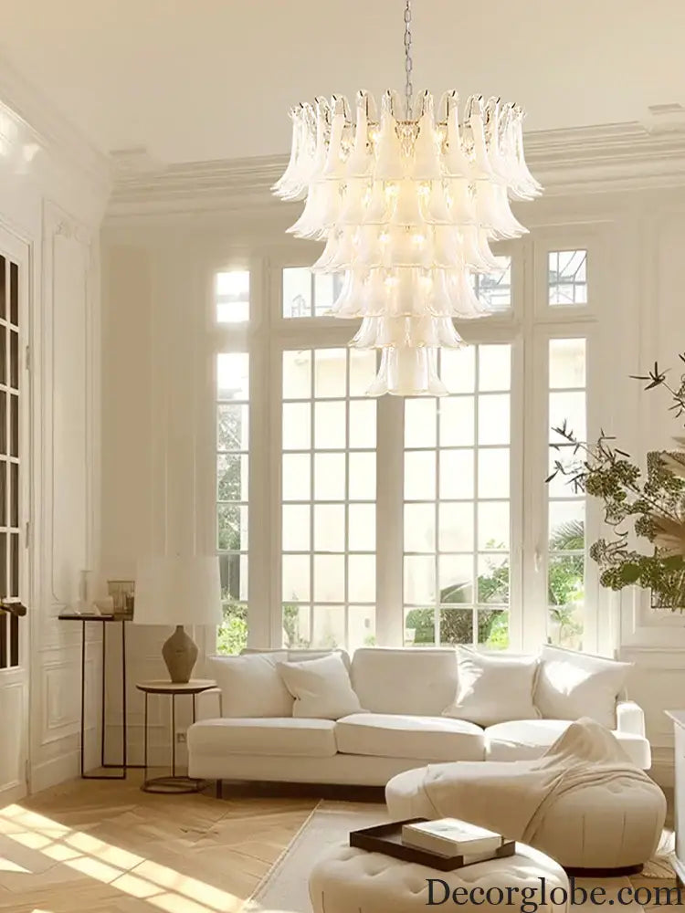 Elara White Petal Glass LED Chandelier for Staircase & Villa Décor - DecorGlobe