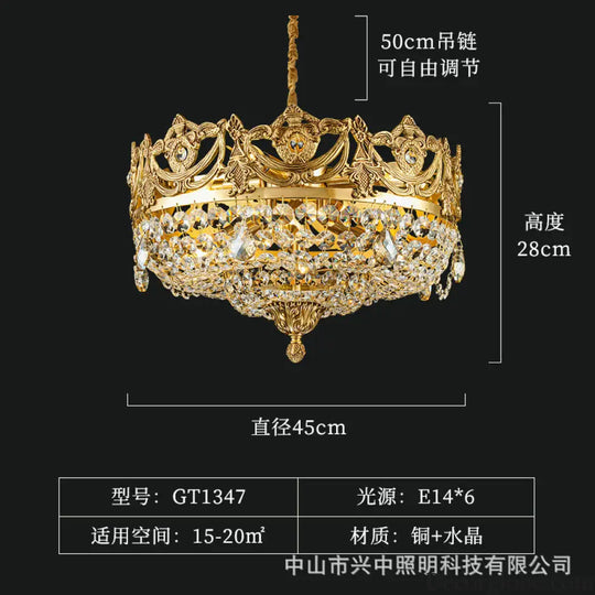 Eleanor French Crown Crystal Copper Chandelier for Living Room Diameter 45cm height 28cm Chandelier