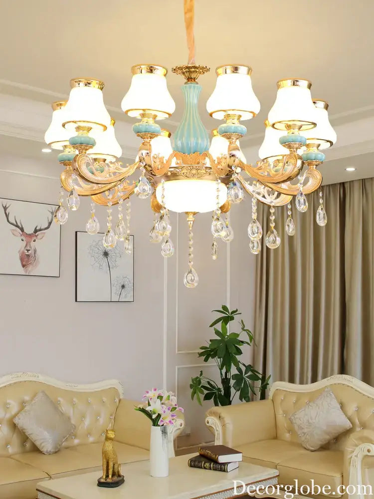 Elegant Blue Ceramic European Crystal Chandelier - Perfect for Living Rooms, Dining Rooms, and Bedrooms - DecorGlobe
