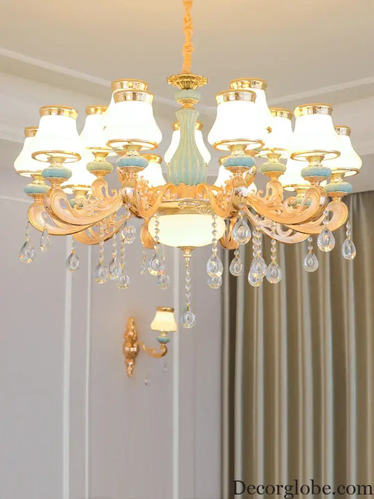 Elegant Blue Ceramic European Crystal Chandelier - Perfect for Living Rooms, Dining Rooms, and Bedrooms - DecorGlobe