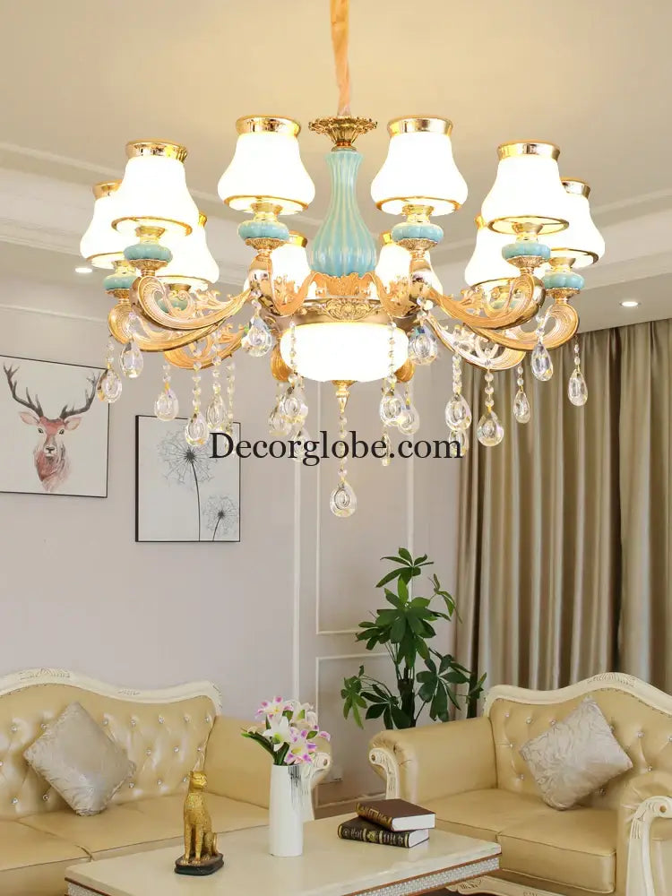 Elegant Blue Ceramic European Crystal Chandelier - Perfect for Living Rooms, Dining Rooms, and Bedrooms - DecorGlobe