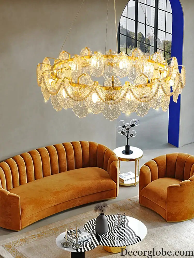 Elegant French Light Luxury Glass Chandelier - Modern Golden Rectangular Dining Room and Living Room Lighting Fixture - DecorGlobe