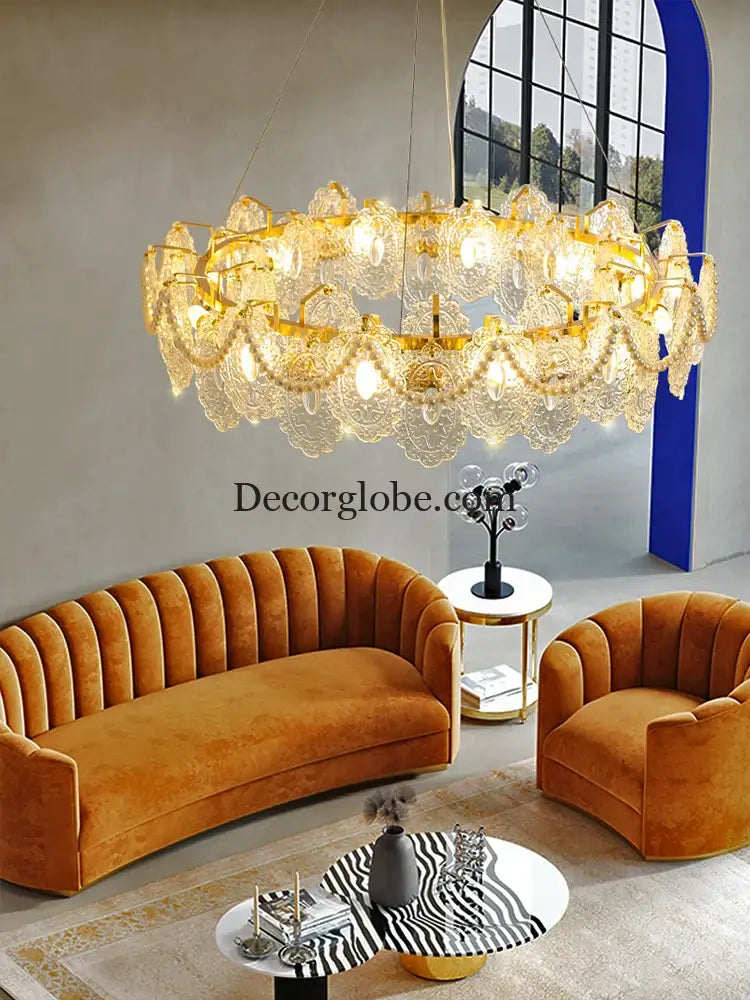 Elegant French Light Luxury Glass Chandelier - Modern Golden Rectangular Dining Room and Living Room Lighting Fixture - DecorGlobe