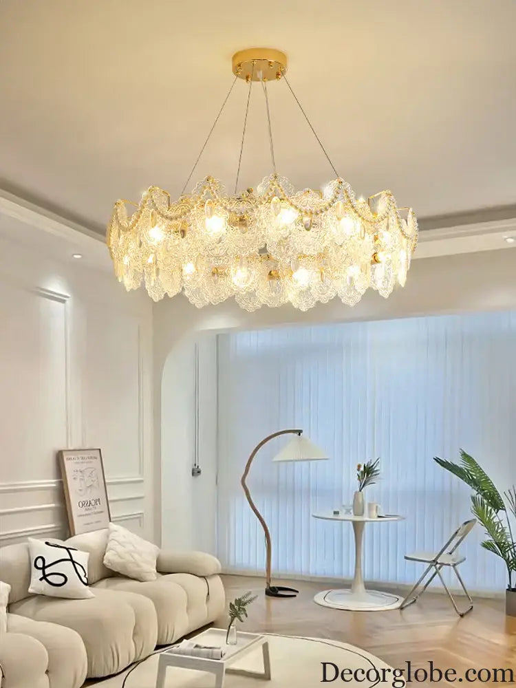 Elegant French Light Luxury Glass Chandelier - Modern Golden Rectangular Dining Room and Living Room Lighting Fixture - DecorGlobe