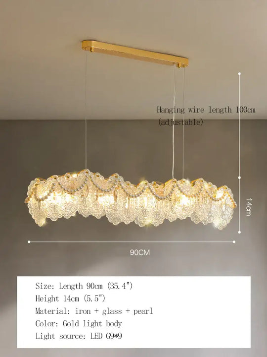 Elegant French Light Luxury Glass Chandelier - Modern Golden Rectangular Dining Room and Living Room Lighting Fixture - DecorGlobe