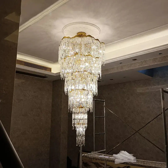Elegant Golden Art Staircase Grand Chandelier - Luxury Crystal Illumination for Villa Halls with High Ceilings - DecorGlobe