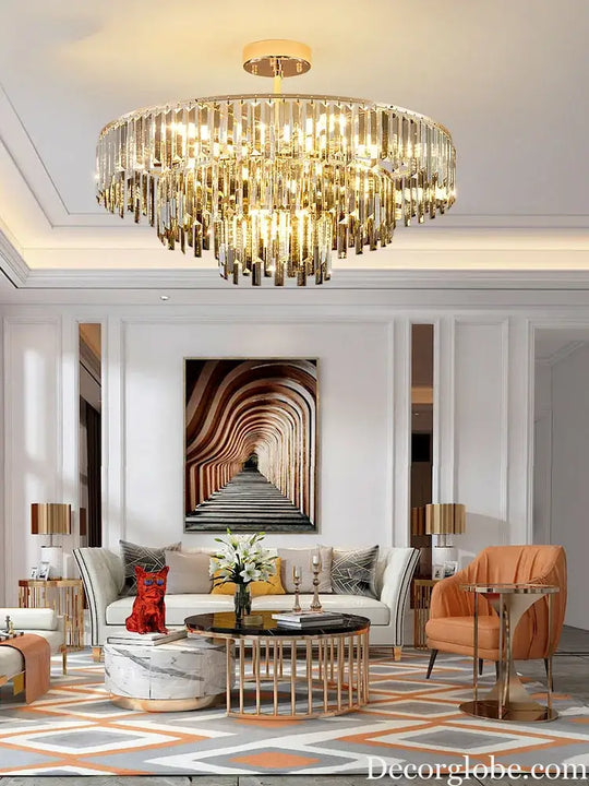 Elegant Modern Crystal Gold Chandelier - Round Smoked Gray Crystal Design - Perfect for Luxury Living Rooms and Bedrooms - DecorGlobe