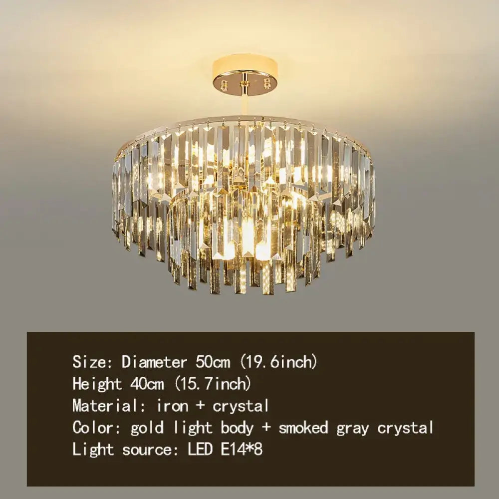 Elegant Modern Crystal Gold Chandelier - Round Smoked Gray Crystal Design - Perfect for Luxury Living Rooms and Bedrooms - DecorGlobe
