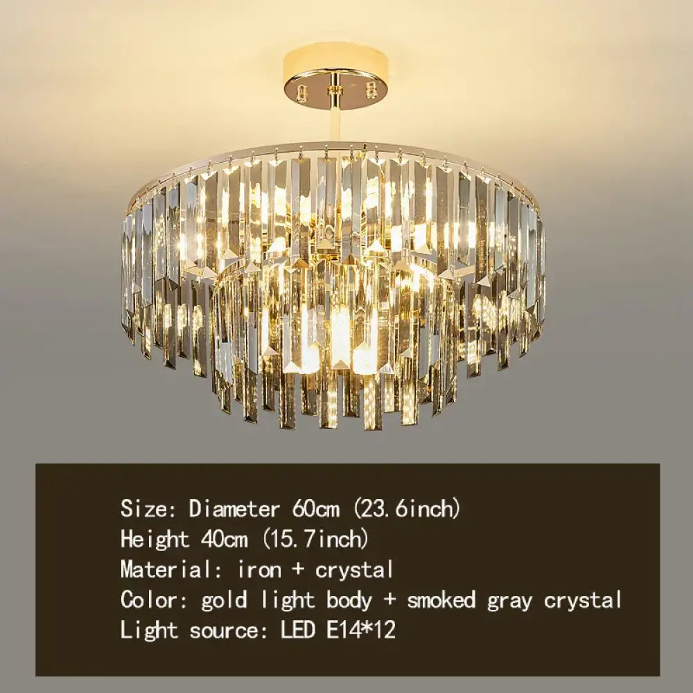 Elegant Modern Crystal Gold Chandelier - Round Smoked Gray Crystal Design - Perfect for Luxury Living Rooms and Bedrooms - DecorGlobe