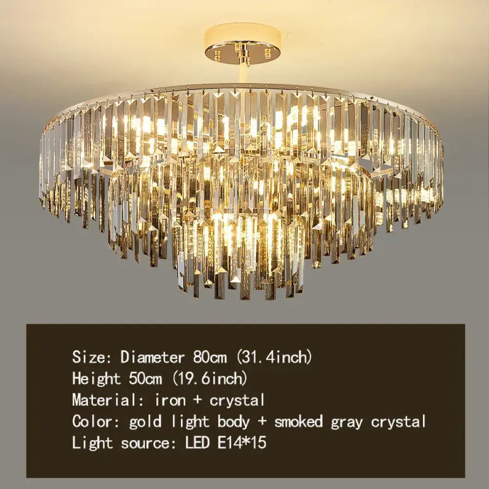 Elegant Modern Crystal Gold Chandelier - Round Smoked Gray Crystal Design - Perfect for Luxury Living Rooms and Bedrooms - DecorGlobe