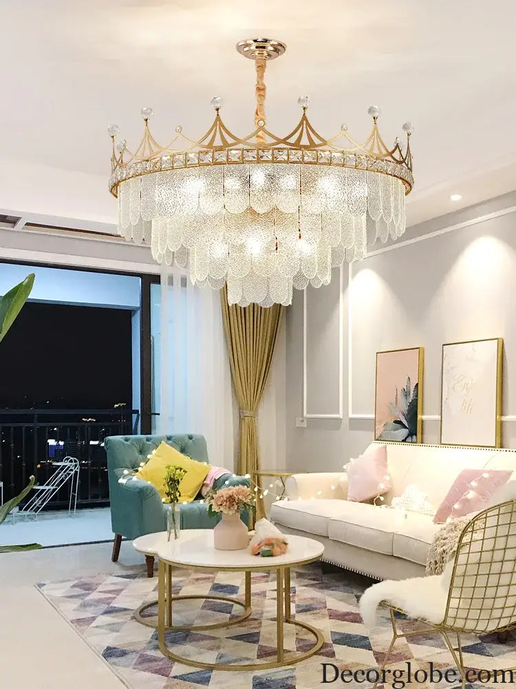 Elegant Modern Minimalist Crown K9 Crystal Chandelier - A Round Golden Fixture for Living Rooms and Bedrooms - DecorGlobe