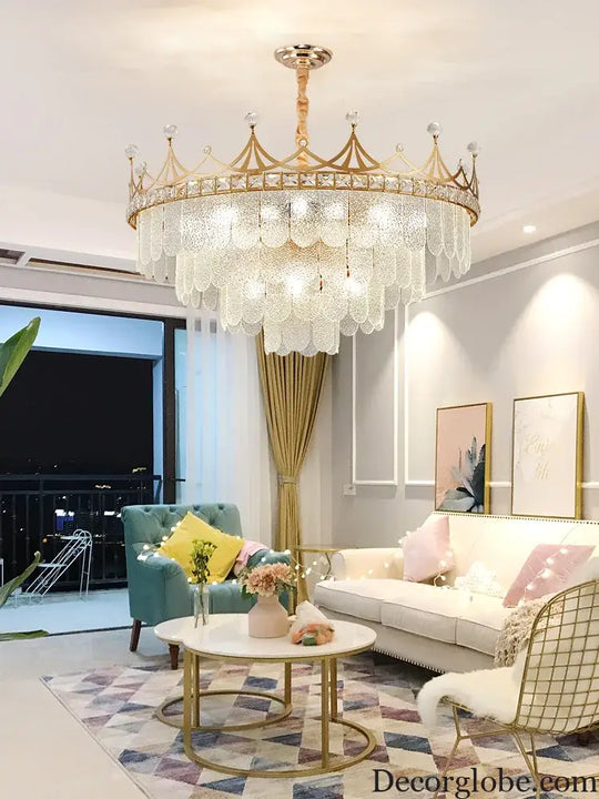 Elegant Modern Minimalist Crown K9 Crystal Chandelier - A Round Golden Fixture for Living Rooms and Bedrooms - DecorGlobe